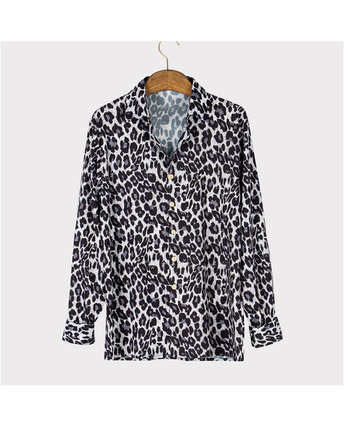 summer men leisure leopard printing long sleeve shirt