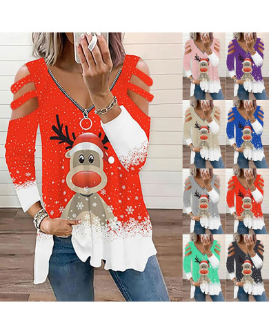 summer women dear printing long sleeve v-collar T-shirt