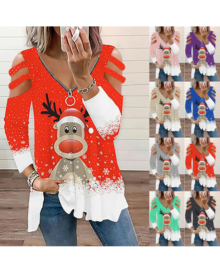 summer women dear printing long sleeve v-collar T-shirt