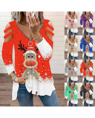 summer women dear printing long sleeve v-collar T-shirt