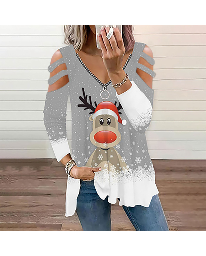 summer women dear printing long sleeve v-collar T-shirt