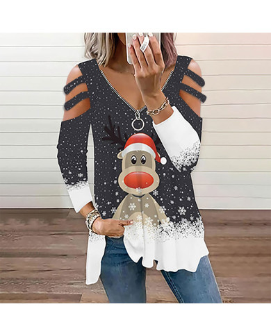 summer women dear printing long sleeve v-collar T-shirt