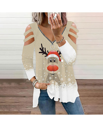 summer women dear printing long sleeve v-collar T-shirt