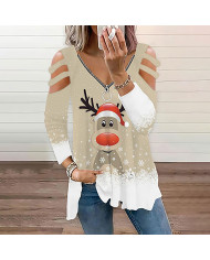 summer women dear printing long sleeve v-collar T-shirt