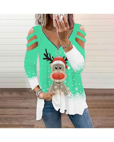 summer women dear printing long sleeve v-collar T-shirt