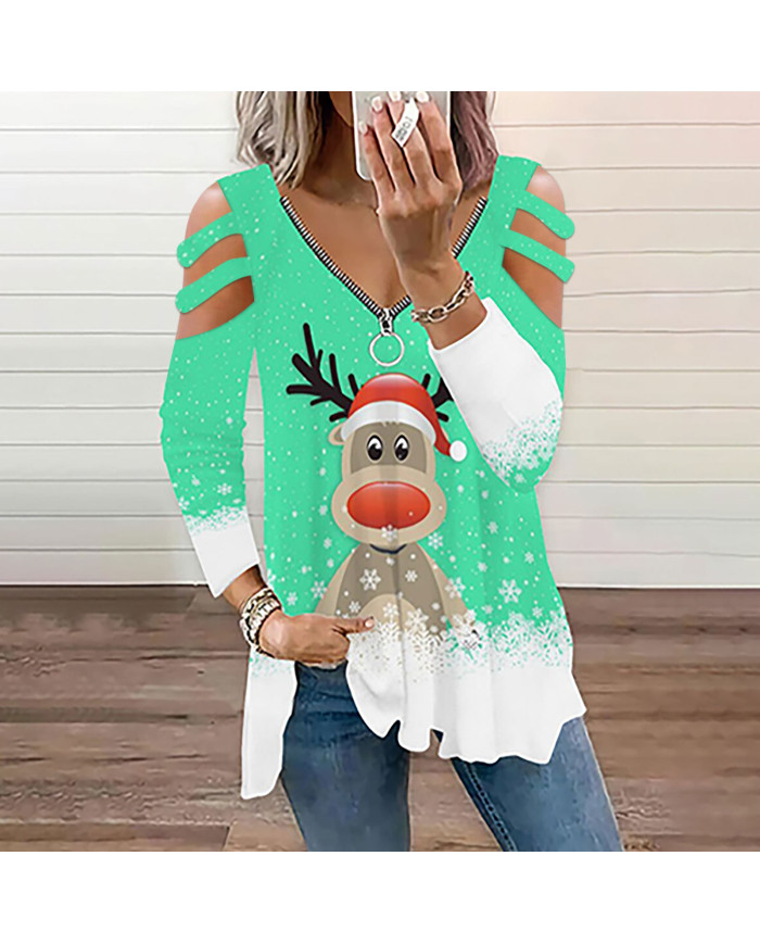 summer women dear printing long sleeve v-collar T-shirt