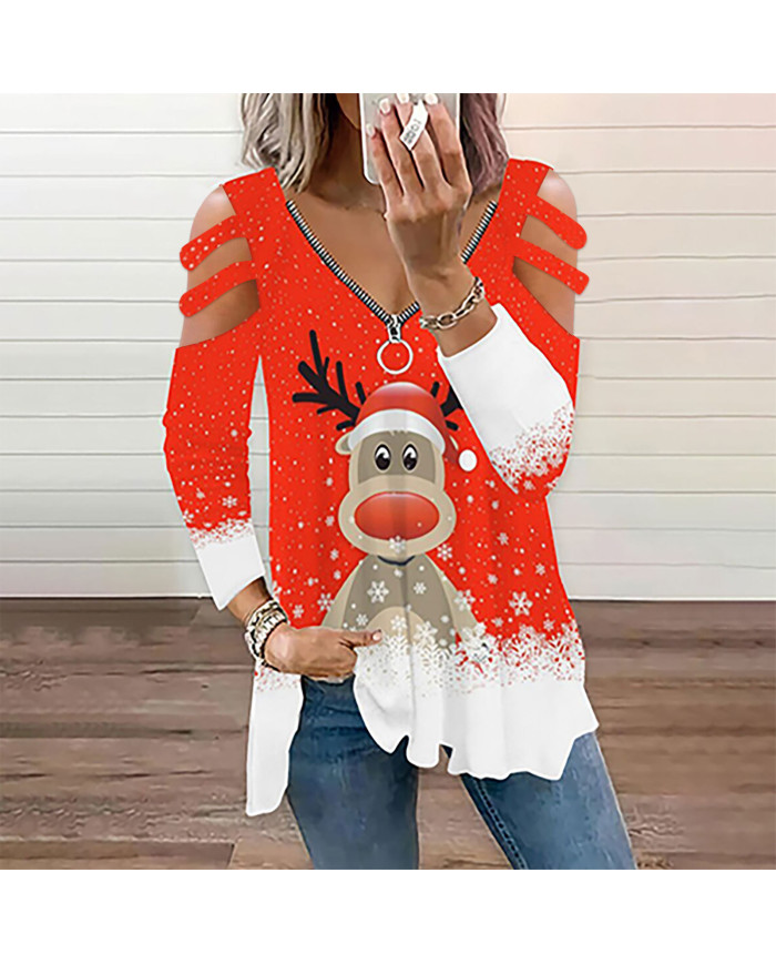 summer women dear printing long sleeve v-collar T-shirt