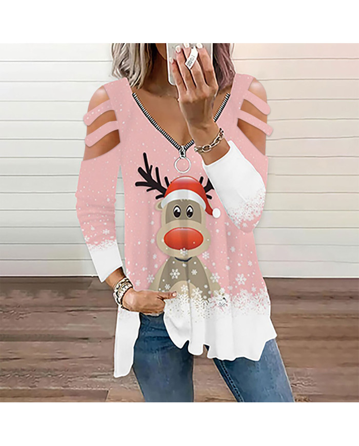 summer women dear printing long sleeve v-collar T-shirt