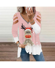 summer women dear printing long sleeve v-collar T-shirt