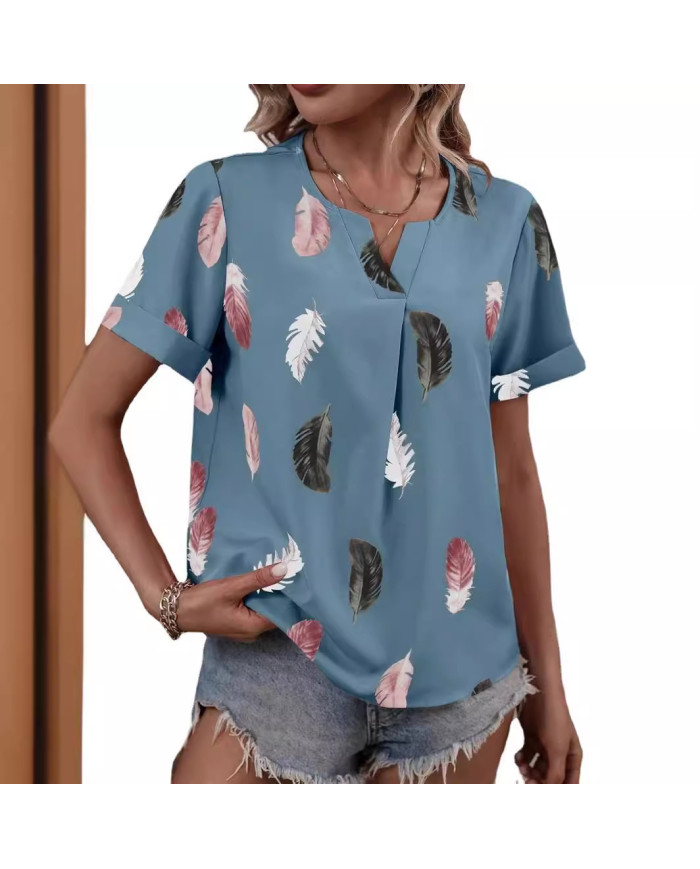 summer women feather printing V-shape collar T-shirt