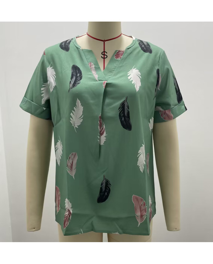 summer women feather printing V-shape collar T-shirt