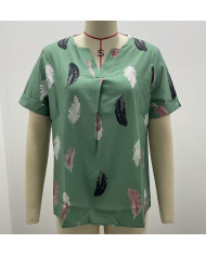 summer women feather printing V-shape collar T-shirt