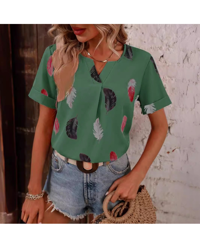 summer women feather printing V-shape collar T-shirt