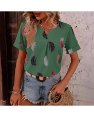 summer women feather printing V-shape collar T-shirt