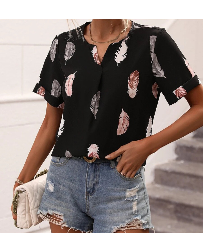 summer women feather printing V-shape collar T-shirt