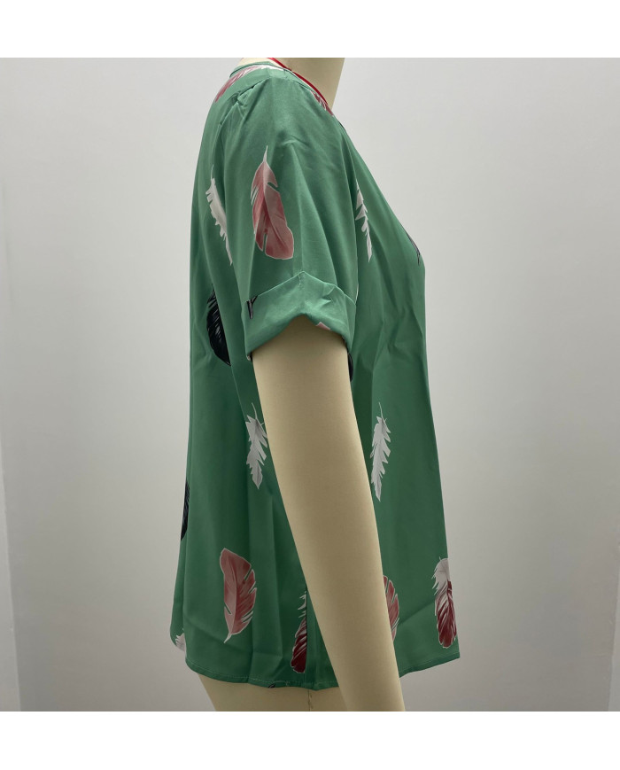 summer women feather printing V-shape collar T-shirt