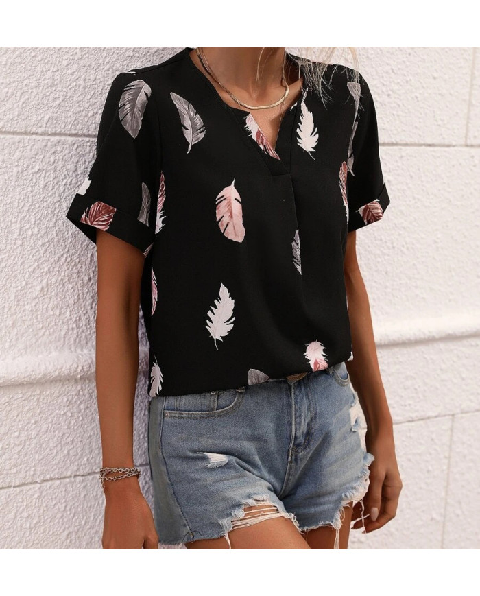 summer women feather printing V-shape collar T-shirt