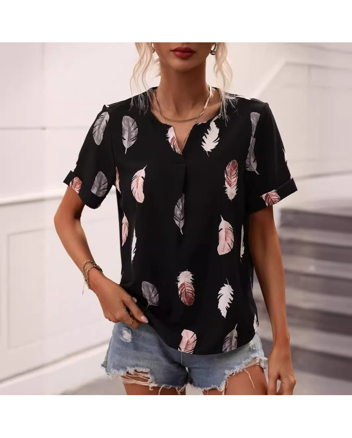 summer women feather printing V-shape collar T-shirt