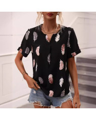 summer women feather printing V-shape collar T-shirt