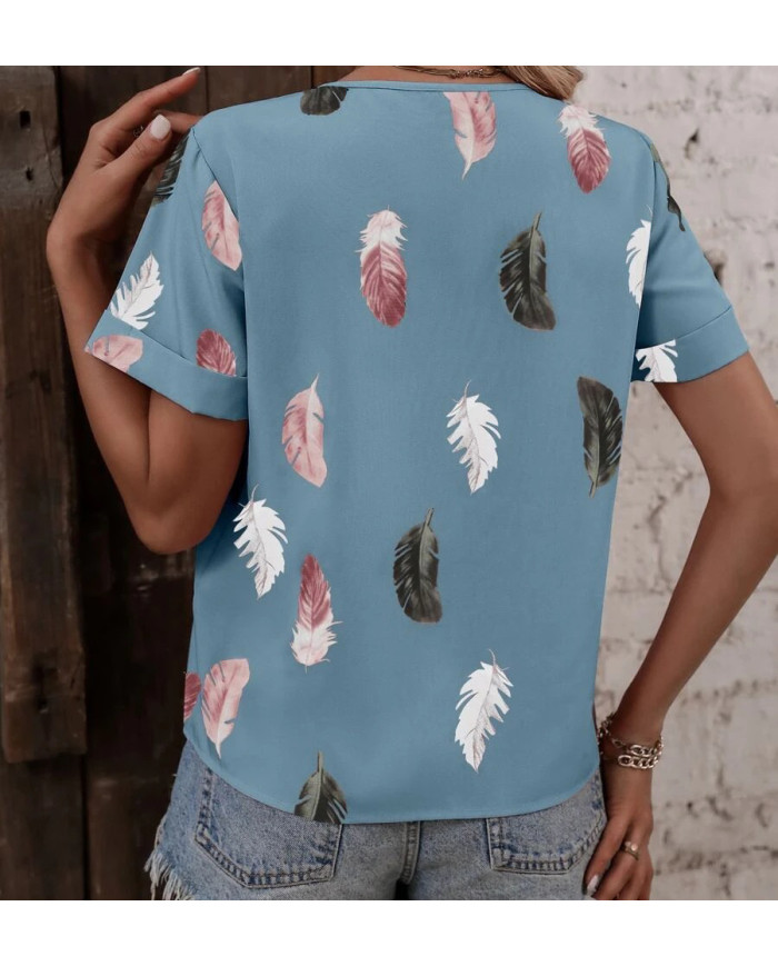 summer women feather printing V-shape collar T-shirt