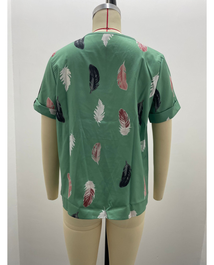 summer women feather printing V-shape collar T-shirt