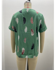 summer women feather printing V-shape collar T-shirt