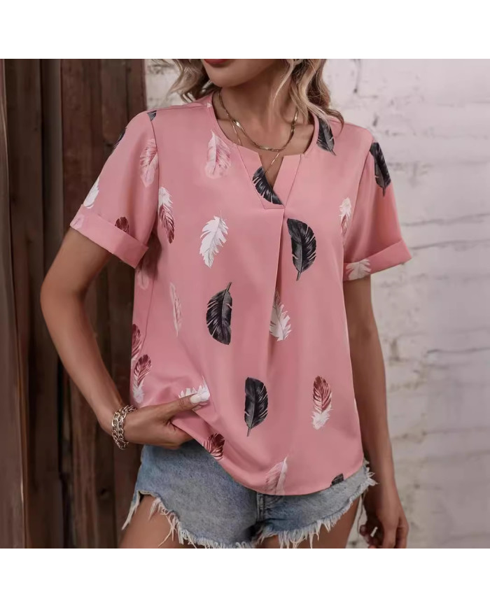 summer women feather printing V-shape collar T-shirt