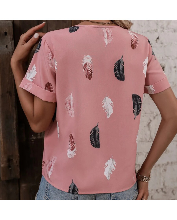 summer women feather printing V-shape collar T-shirt