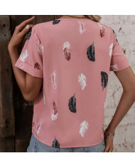 summer women feather printing V-shape collar T-shirt