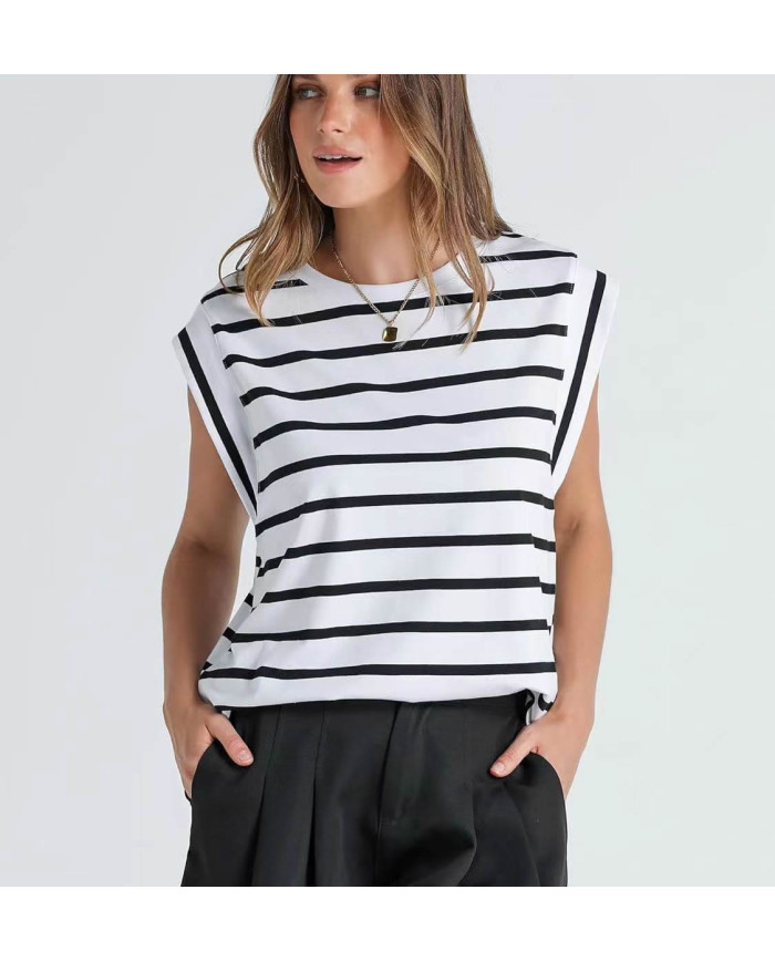 summer women loose fit raglan sleeve stripe white T-shirt