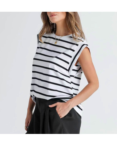 summer women loose fit raglan sleeve stripe white T-shirt