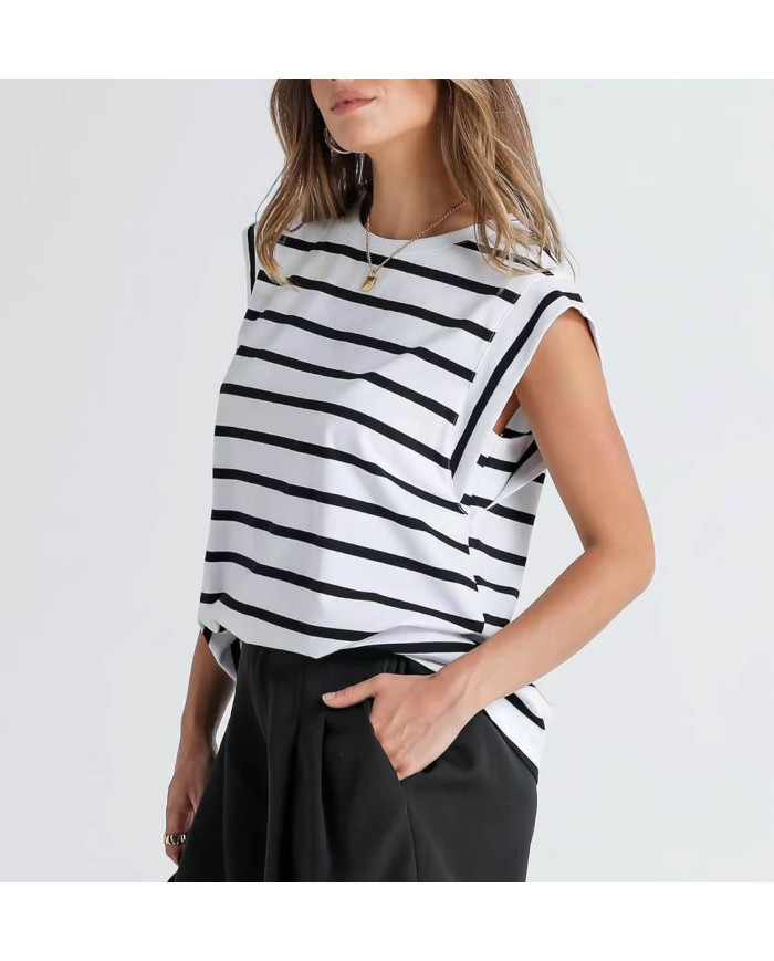 summer women loose fit raglan sleeve stripe white T-shirt