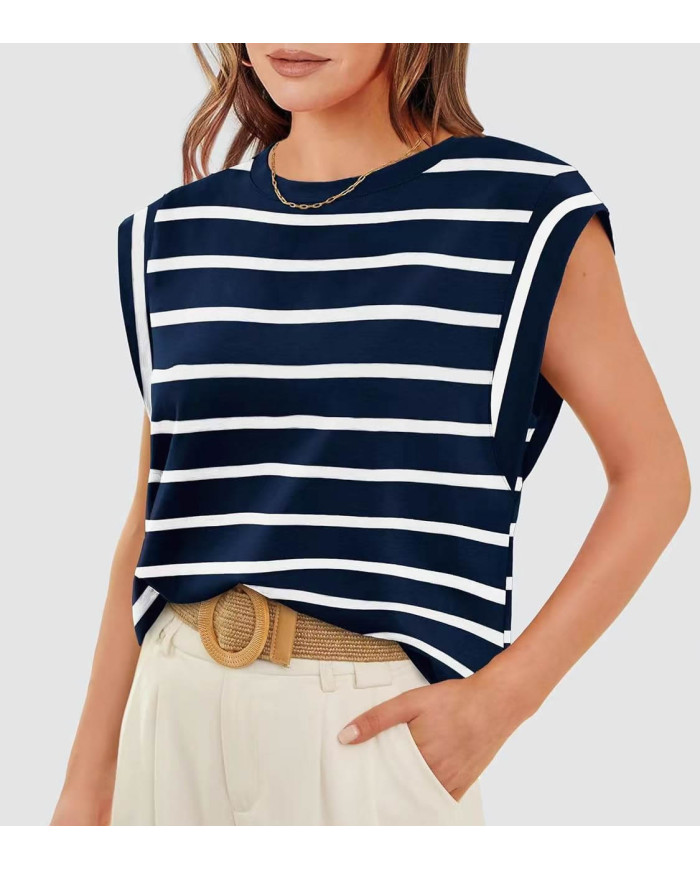 summer men loose fit raglan sleeve stripe navy blue T-shirt