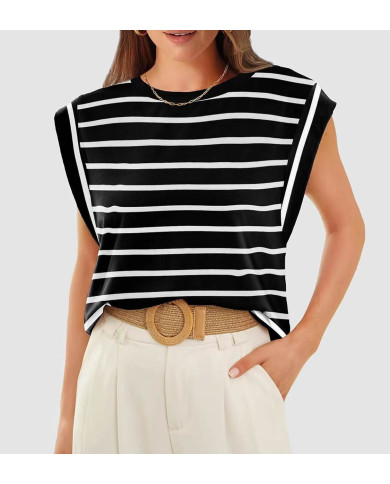 summer women loose fit raglan sleeve stripe black T-shirt