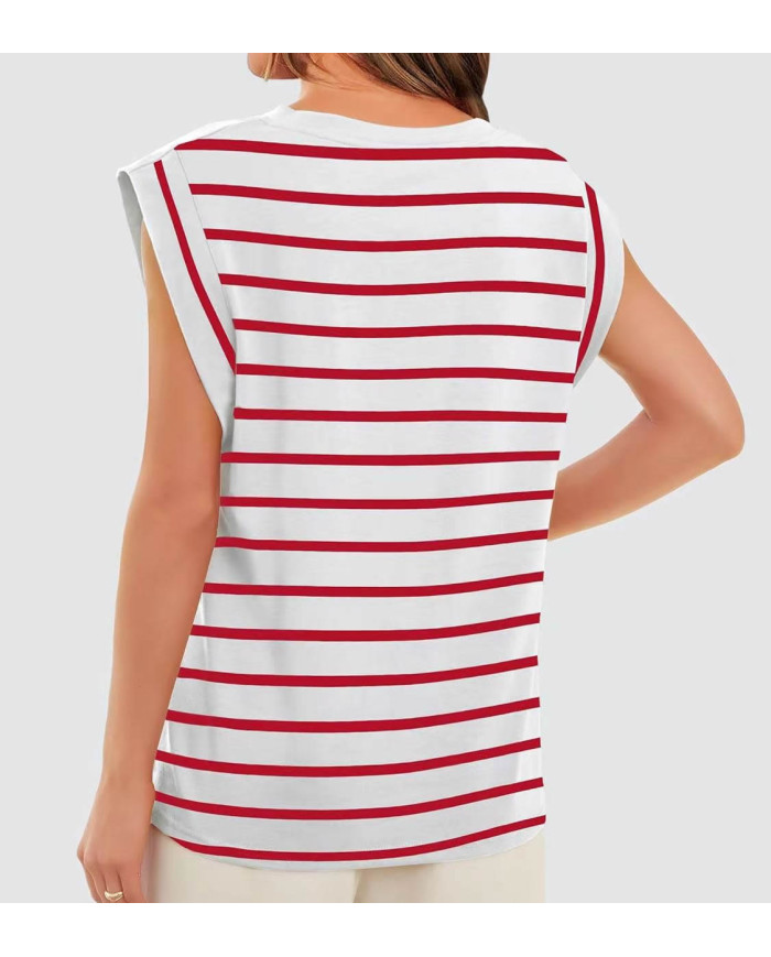 summer women raglan sleeve stripe red T-shirt