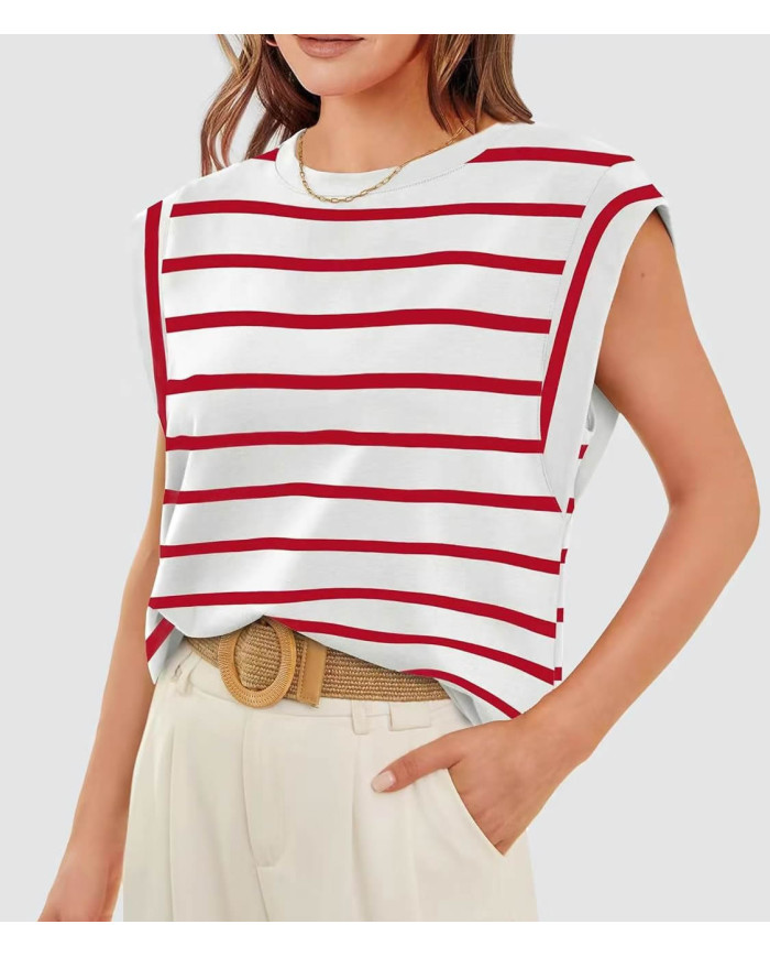 summer women raglan sleeve stripe red T-shirt