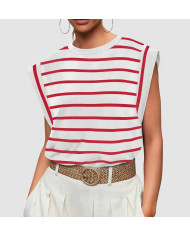 summer women raglan sleeve stripe red T-shirt