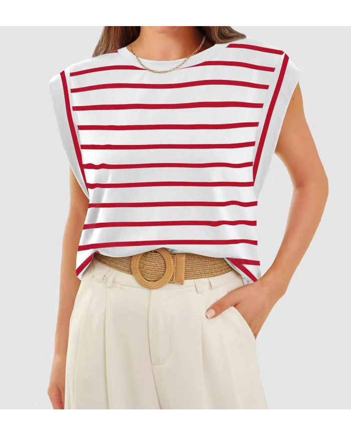 summer women raglan sleeve stripe red T-shirt