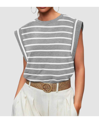 summer women loose fit raglan sleeve stripe gray T-shirt