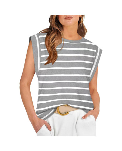 summer women loose fit raglan sleeve stripe gray T-shirt