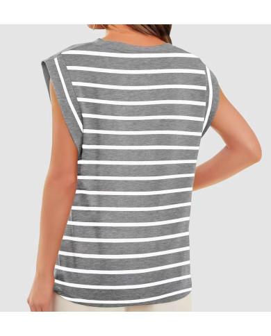 summer women loose fit raglan sleeve stripe gray T-shirt
