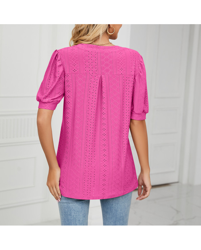 summer women rose leisure hollow puff sleeve T-shirt