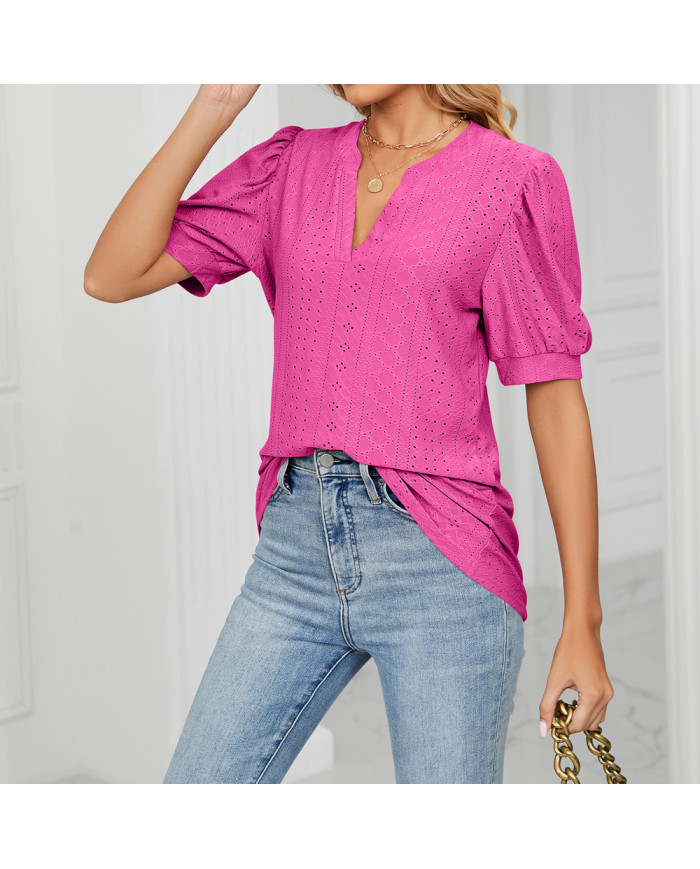 summer women rose leisure hollow puff sleeve T-shirt