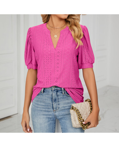 summer women rose leisure hollow puff sleeve T-shirt