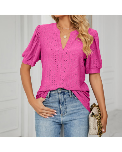 summer women rose leisure hollow puff sleeve T-shirt