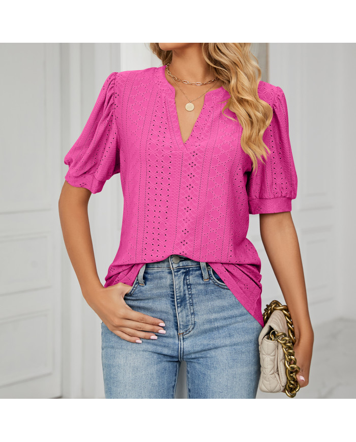 summer women rose leisure hollow puff sleeve T-shirt