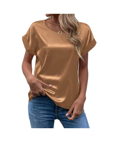 summer women leisure pure color satin T-shirt-khaki
