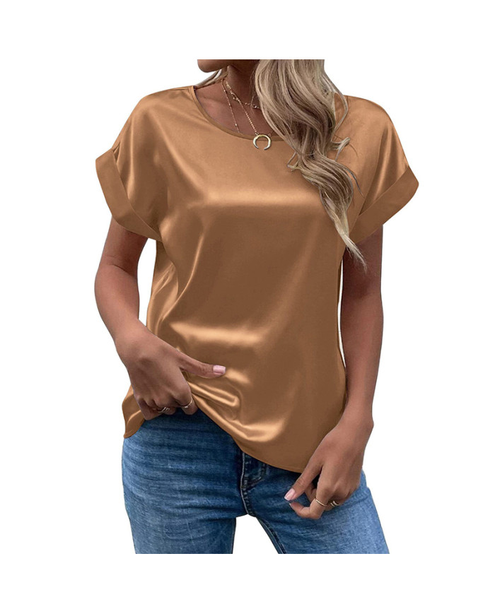 summer women leisure pure color satin T-shirt-khaki