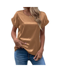 summer women leisure pure color satin T-shirt-apricot