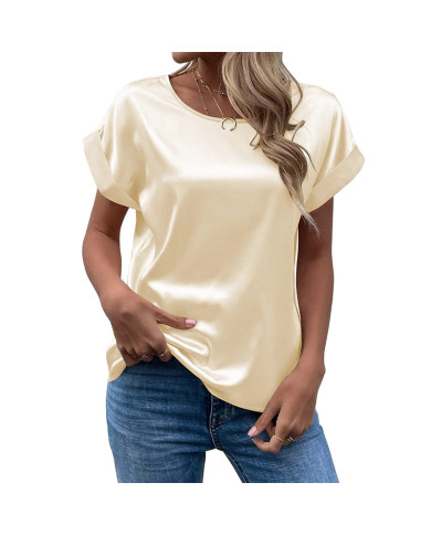 summer women leisure pure color satin T-shirt-apricot